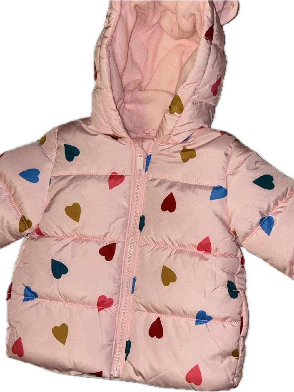 Old Navy Baby Girl 6-12M Heart Print Puffer Jacket with Ears